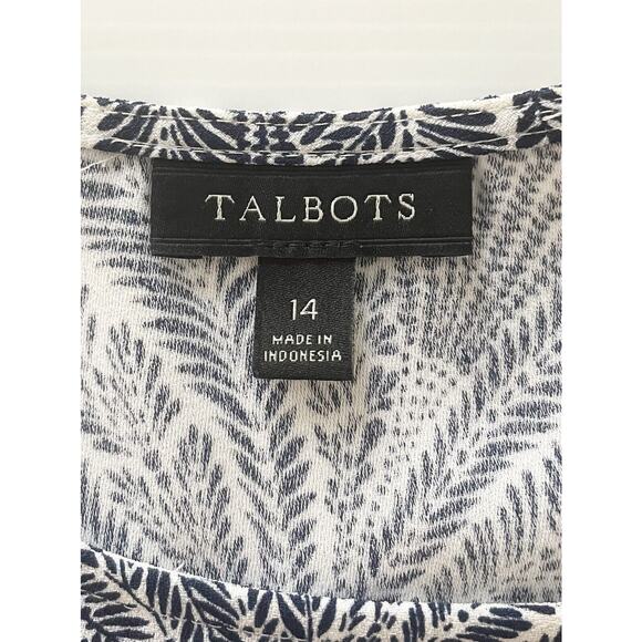 Talbots Sleeveless Blouse Size 14 White Navy Palm Print Side Hip Tie Top - Picture 4 of 7